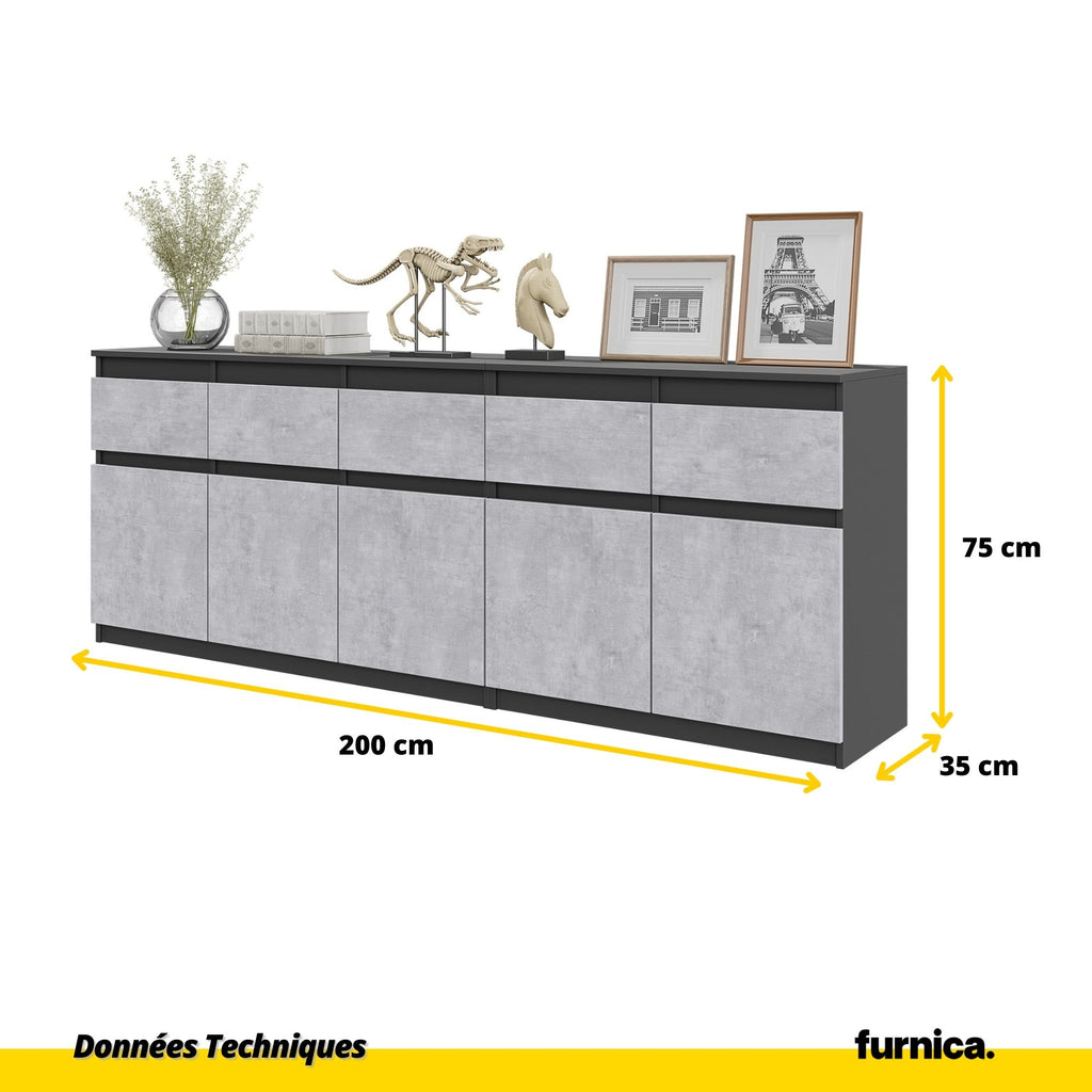 NOAH - Commode 5 Tiroirs et 5 Portes - Armoire de Rangement pour Couloir / Chambre à Coucher - Buffet - Anthracite / Béton H75cm L200cm P35cm