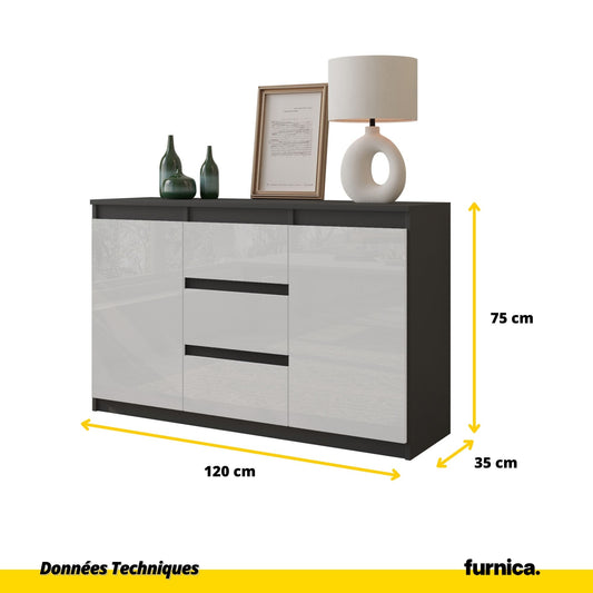 MIKEL - Commode 3 Tiroirs et 2 Portes - Armoire de Rangement pour Couloir/Chambre à Coucher - Buffet - H75cm L120cm P35cm (Anthracite/Blanc Brillant)