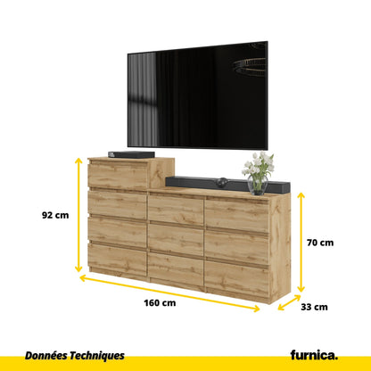 GABRIEL - Commode 10 Tiroirs (6+4) - H92/70 cm L160 cm P33 cm (Chêne Wotan)
