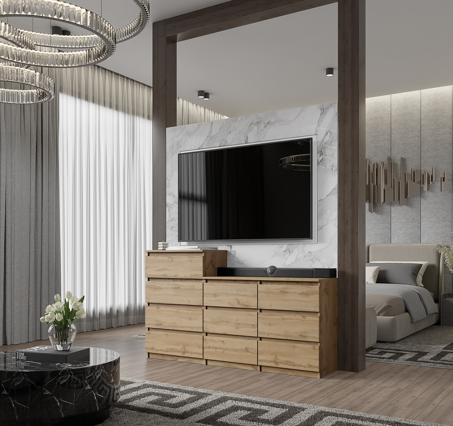 GABRIEL - Commode 10 Tiroirs (6+4) - H92/70 cm L160 cm P33 cm (Chêne Wotan)