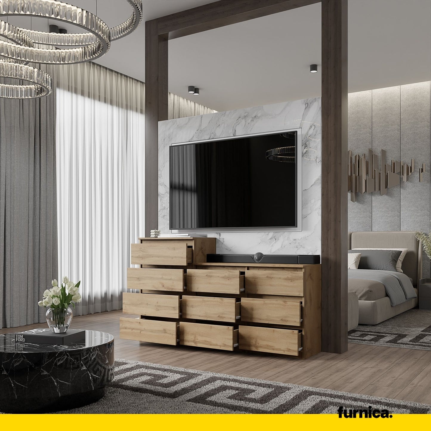 GABRIEL - Commode 10 Tiroirs (6+4) - H92/70 cm L160 cm P33 cm (Chêne Wotan)