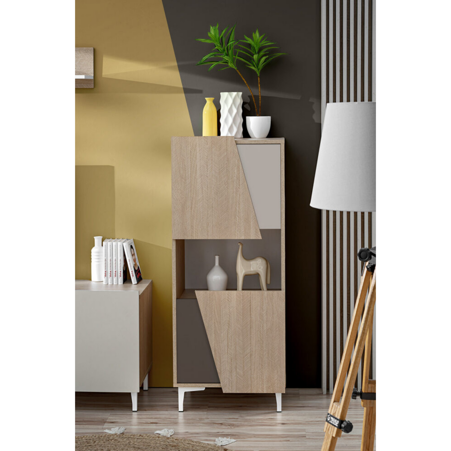 Unité murale VISTE - Ensemble de meubles de salon - Scandi / Truffe / Blanc Brillant