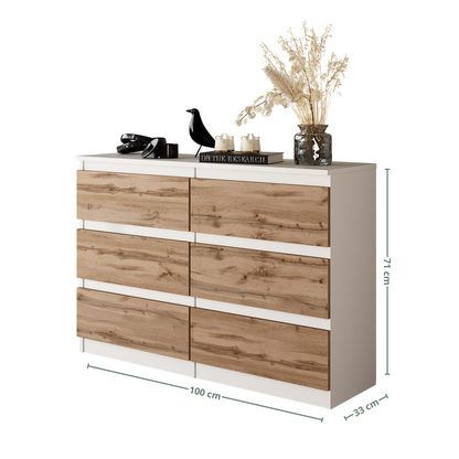 GABRIEL - Commode 6 Tiroirs - Buffet de Chevet - H71 cm L100 cm P33 cm (Blanc Matt / Chêne Wotan)