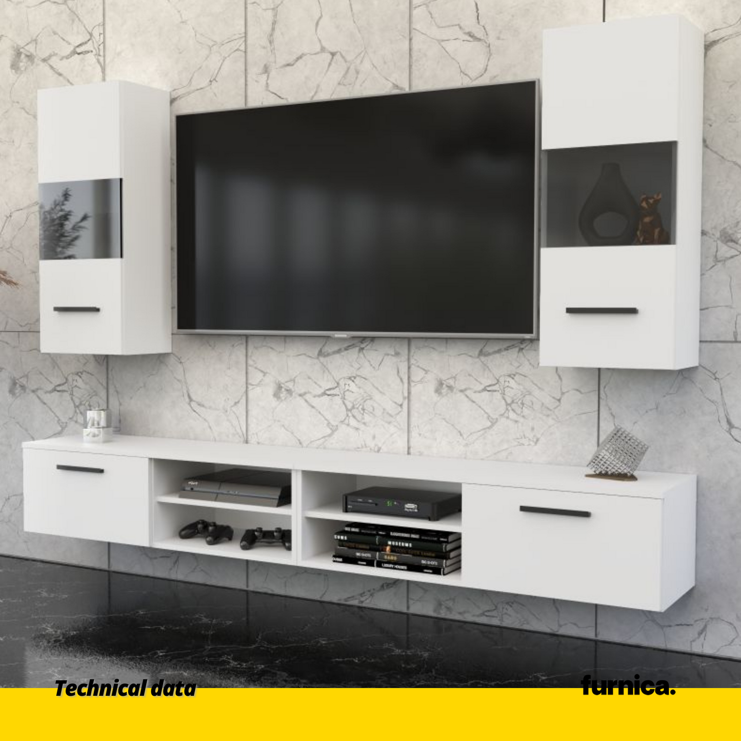 MIRANDA - Meuble TV Suspendu - 4 Armoires - Blanc Matt