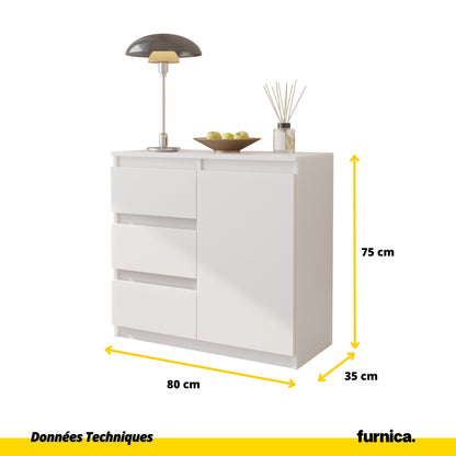 MIKEL - Commode 3 Tiroirs et 1 Porte - Armoire de Rangement pour Couloir/Chambre à Coucher - Buffet - H75cm L80cm P35cm (Blanc)