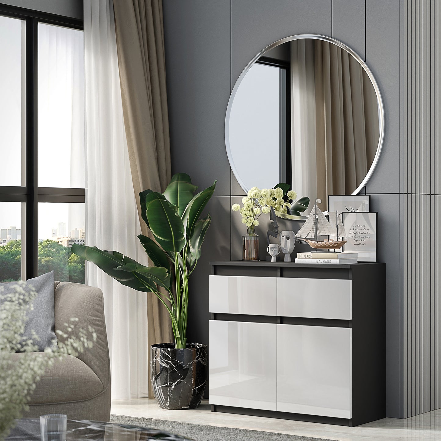 NOAH - Commode 2 Tiroirs et 2 Portes - Meuble de Rangement pour Couloir / Chambre - Buffet - H75cm L80cm P35cm (Anthracite / Blanc Brillant)
