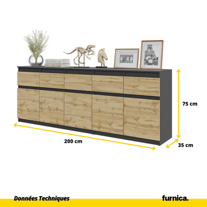 NOAH - Commode 5 Tiroirs et 5 Portes - Armoire de Rangement pour Couloir / Chambre à Coucher - Buffet - Anthracite / Chêne Wotan H75cm L200cm P35cm