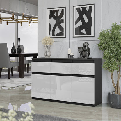 NOAH - Commode 3 Tiroirs et 3 Portes - Meuble de Rangement pour Couloir/Chambre - Buffet - H75cm L120cm P35cm (Anthracite/Blanc Brillant)