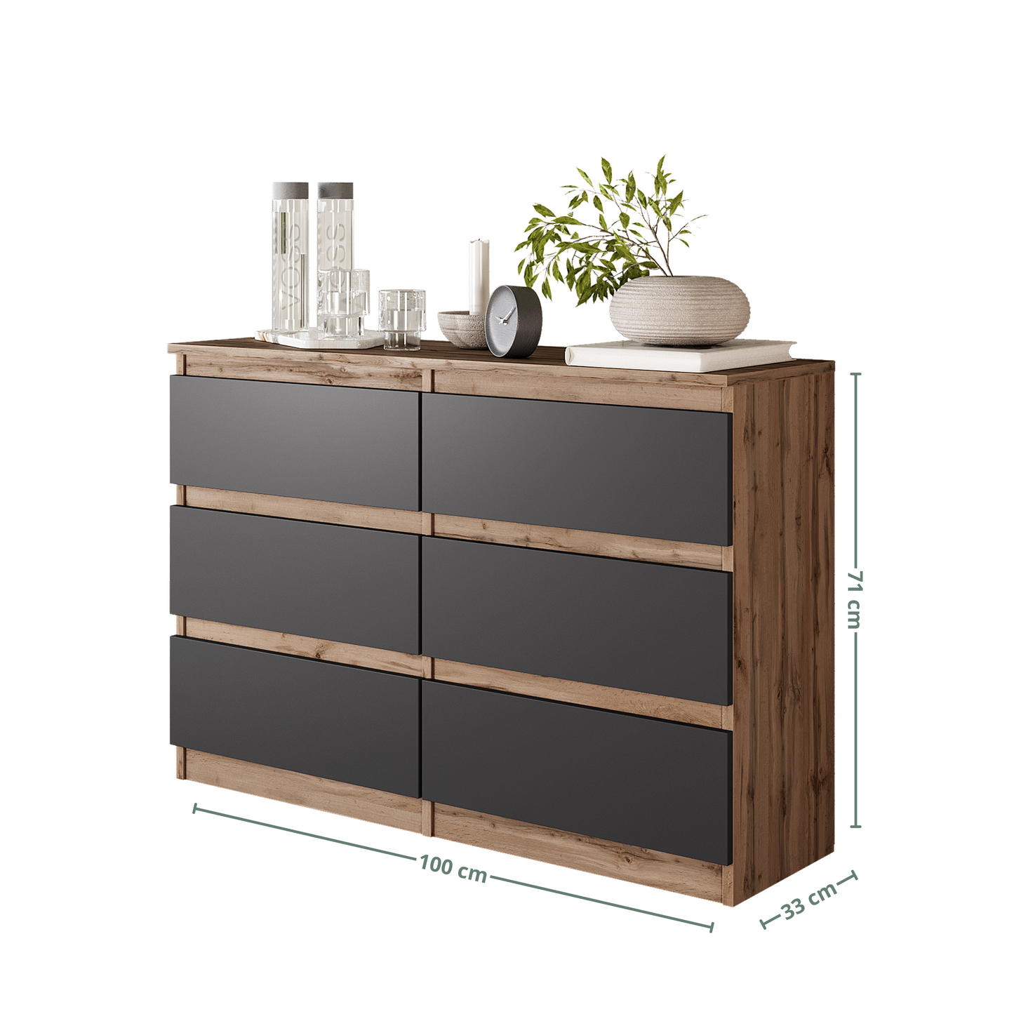 GABRIEL - Commode 6 Tiroirs - Buffet de Chevet - H71 cm L100 cm P33 cm (Chêne Wotan / Anthracite)