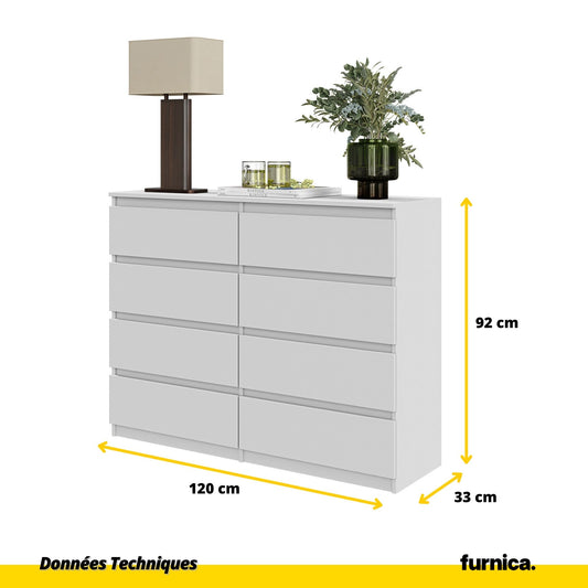 GABRIEL - Commode 8 Tiroirs - Buffet de Chevet - H92 cm L120 cm P33 cm (Blanc)