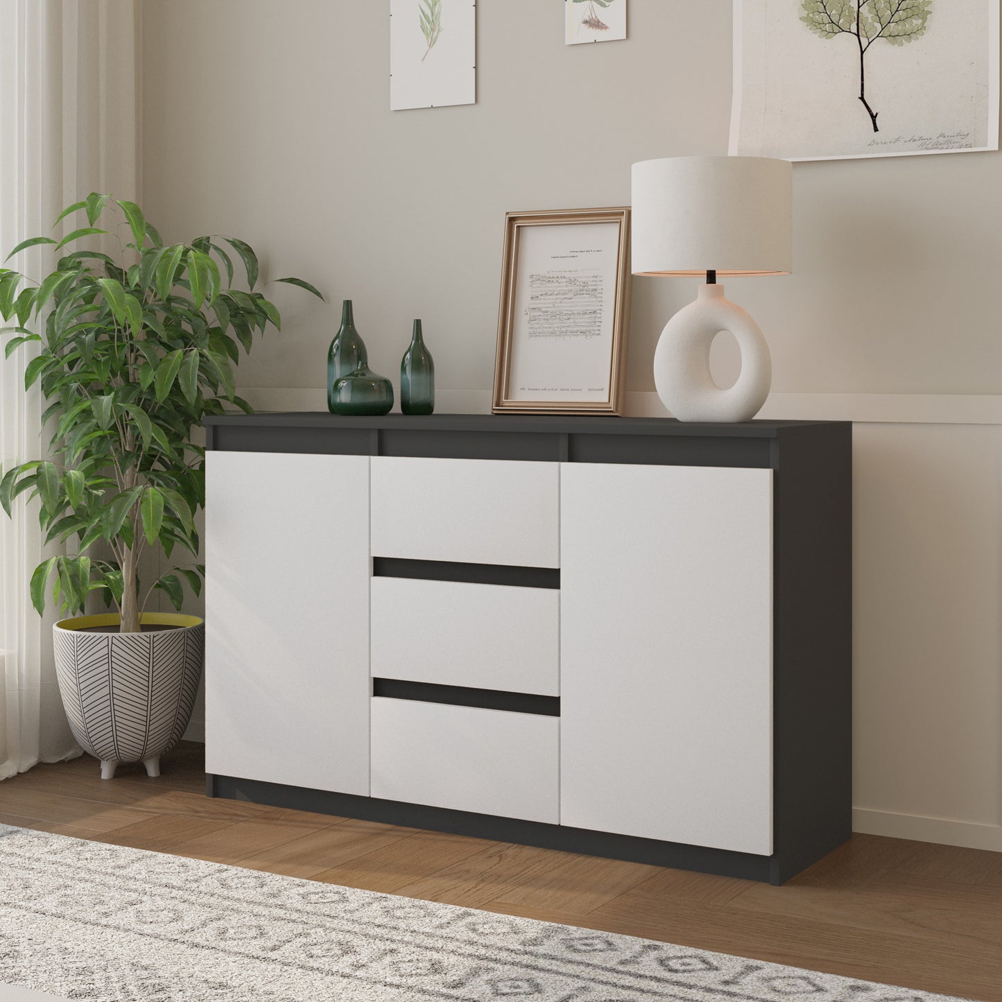 MIKEL - Commode 3 Tiroirs et 2 Portes - Armoire de Rangement pour Couloir/Chambre à Coucher - Buffet - H75cm L120cm P35cm (Anthracite/Blanc)