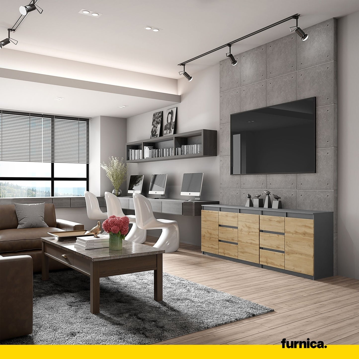 MIKEL - Commode 6 Tiroirs et 3 Portes - Armoire de Rangement pour Couloir / Chambre à Coucher - Buffet - Anthracite / Chêne Wotan H75cm L200cm P35cm