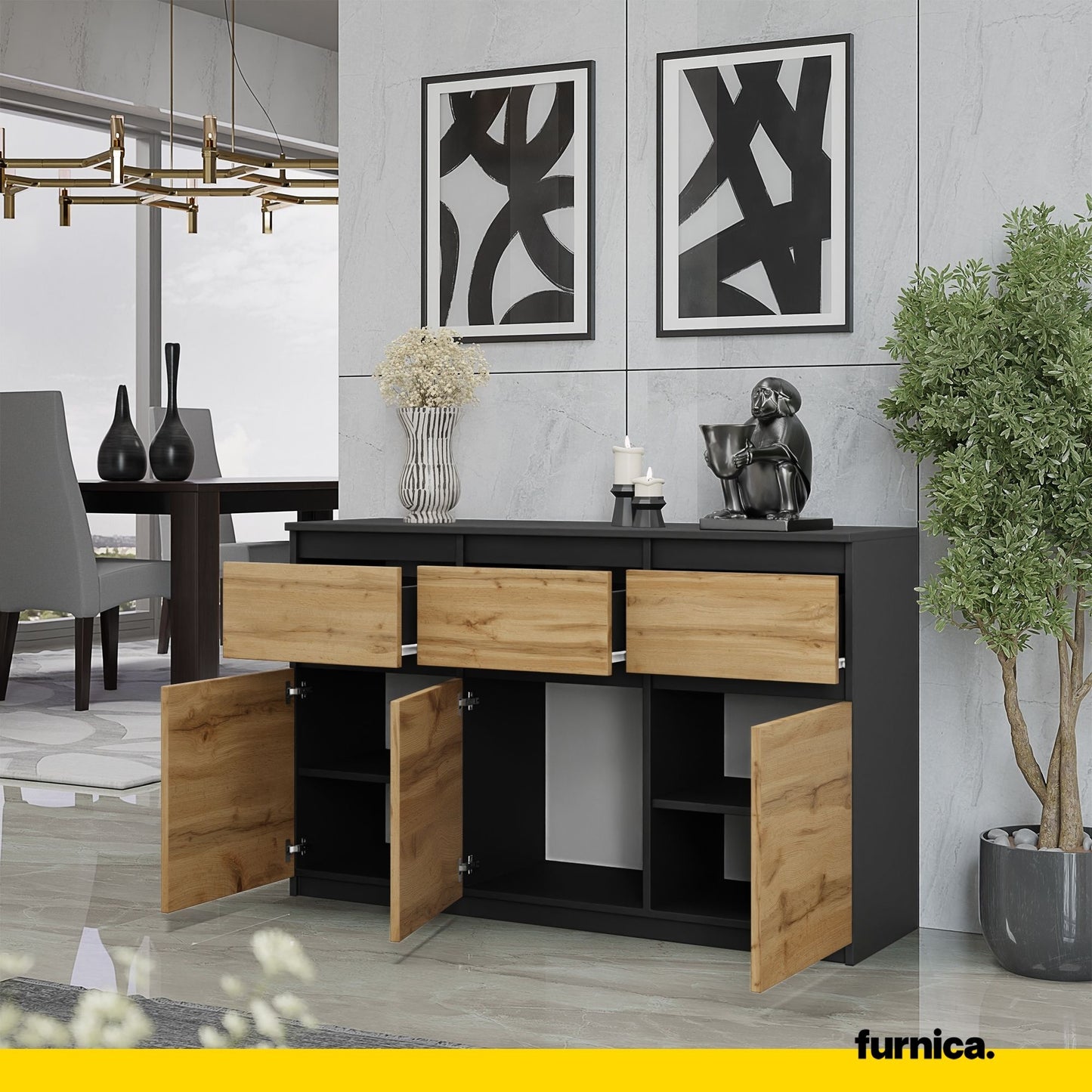 NOAH - Commode 3 Tiroirs et 3 Portes - Meuble de Rangement pour Couloir/Chambre - Buffet - H75cm L120cm P35cm (Anthracite/Chêne Wotan)