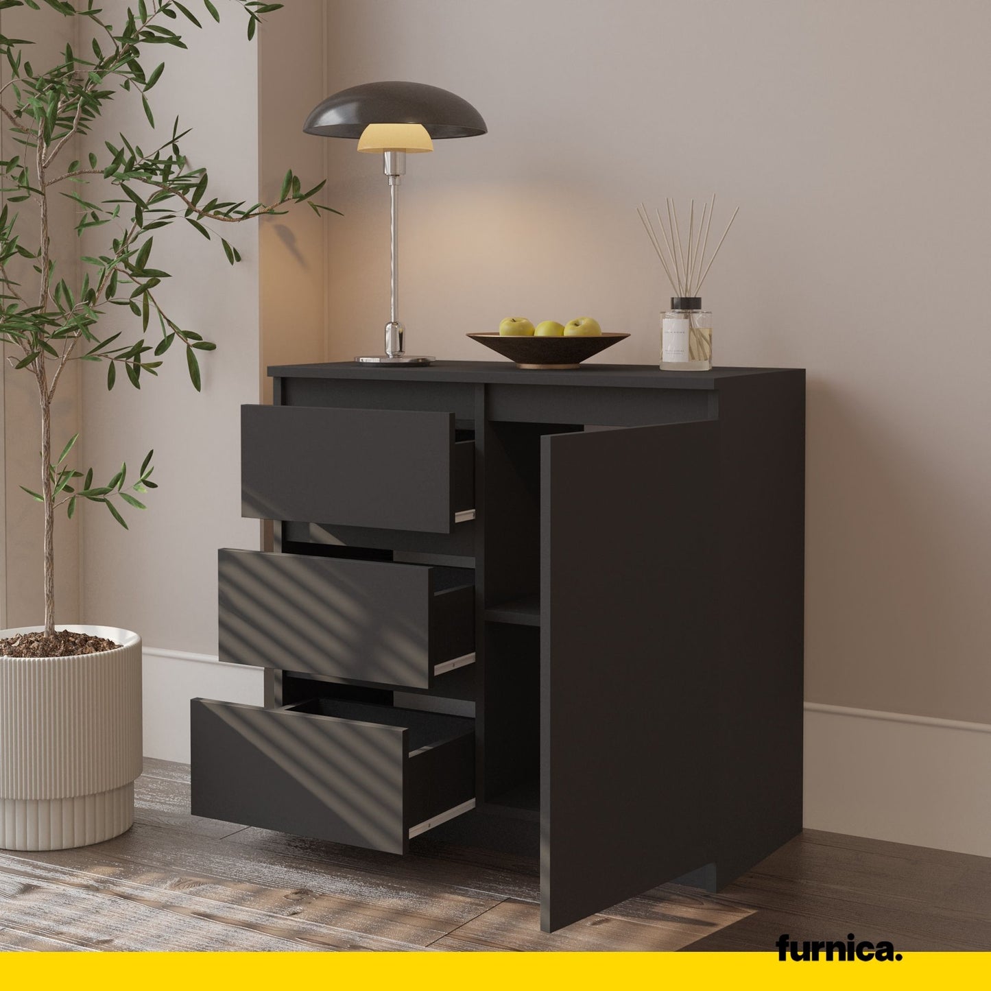 MIKEL - Commode 3 Tiroirs et 1 Porte - Armoire de Rangement pour Couloir/Chambre à Coucher - Buffet - H75cm L80cm P35cm (Anthracite)