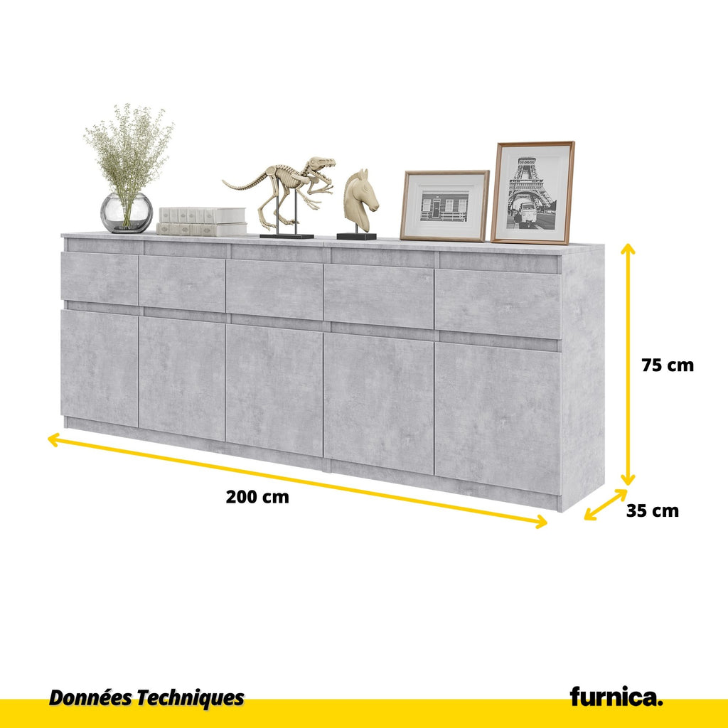 NOAH - Commode 5 Tiroirs et 5 Portes - Armoire de Rangement pour Couloir / Chambre à Coucher - Buffet - Béton H75cm L200cm P35cm