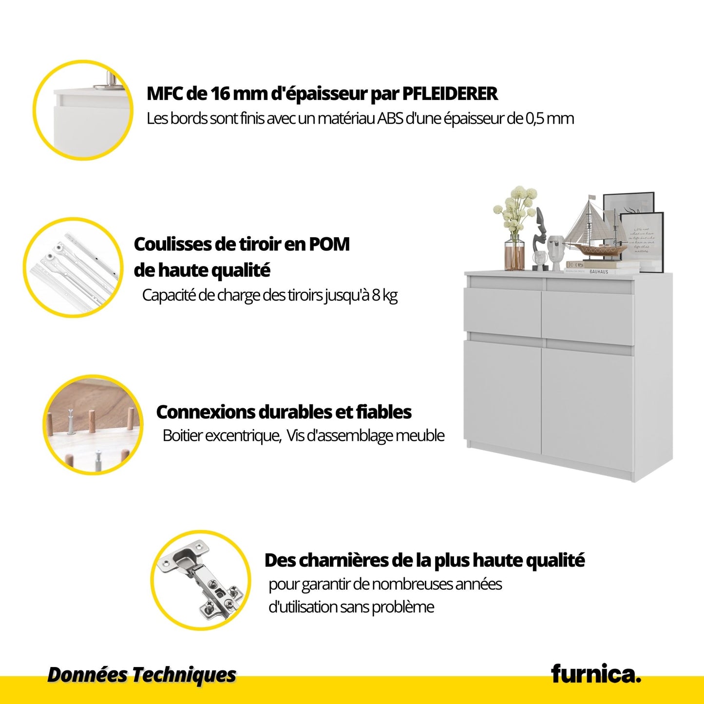 NOAH - Commode 2 Tiroirs et 2 Portes - Meuble de Rangement pour Couloir / Chambre - Buffet - H75cm L80cm P35cm (Anthracite / Blanc Brillant)