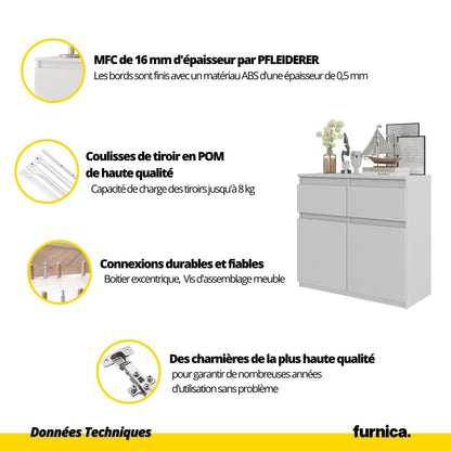 NOAH - Commode 2 Tiroirs et 2 Portes - Meuble de Rangement pour Couloir / Chambre - Buffet - H75cm L80cm P35cm (Anthracite / Blanc Brillant)