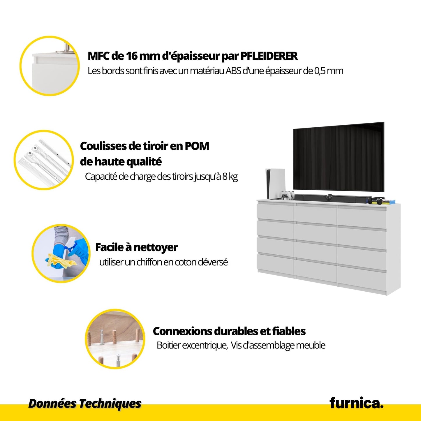 GABRIEL - Commode 12 Tiroirs (8+4) - H92cm L180cm P33cm (Blanc)