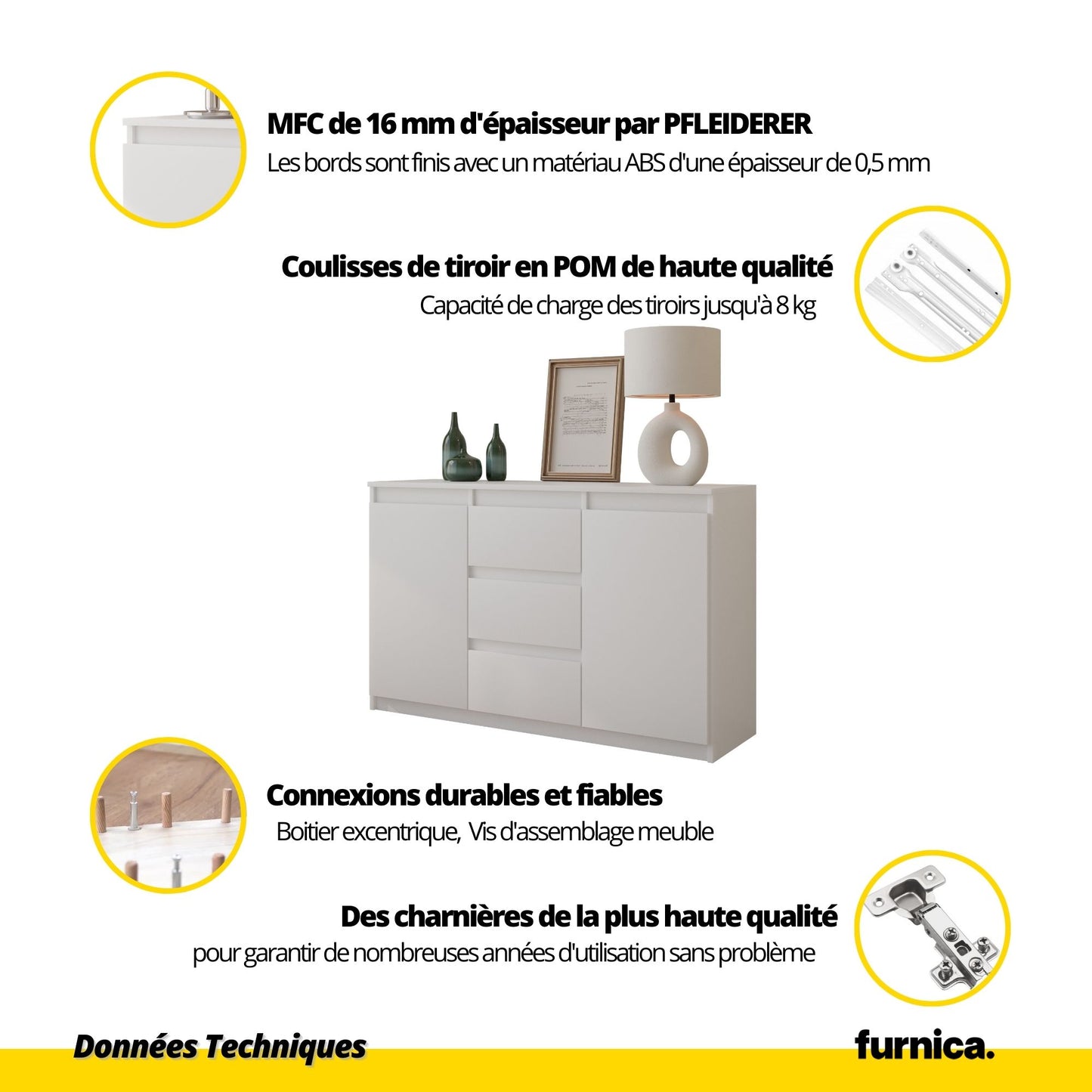 MIKEL - Commode 3 Tiroirs et 2 Portes - Armoire de Rangement pour Couloir/Chambre à Coucher - Buffet - H75cm L120cm P35cm (Blanc/Chêne Wotan)