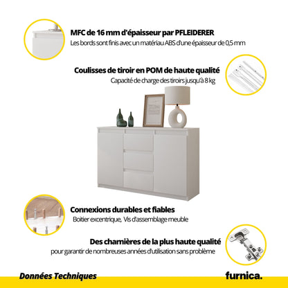 MIKEL - Commode 3 Tiroirs et 2 Portes - Armoire de Rangement pour Couloir/Chambre à Coucher - Buffet - H75cm L120cm P35cm (Blanc/Chêne Wotan)