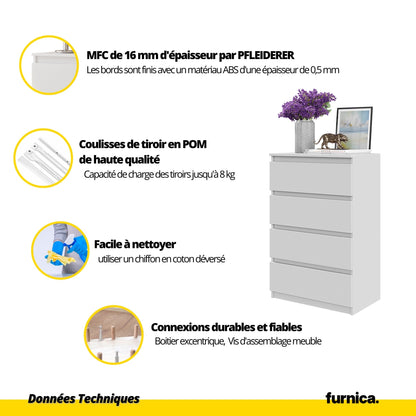 GABRIEL - Commode 4 Tiroirs - Table de Chevet Buffet - H92cm L60cm P33cm (Chêne Wotan)