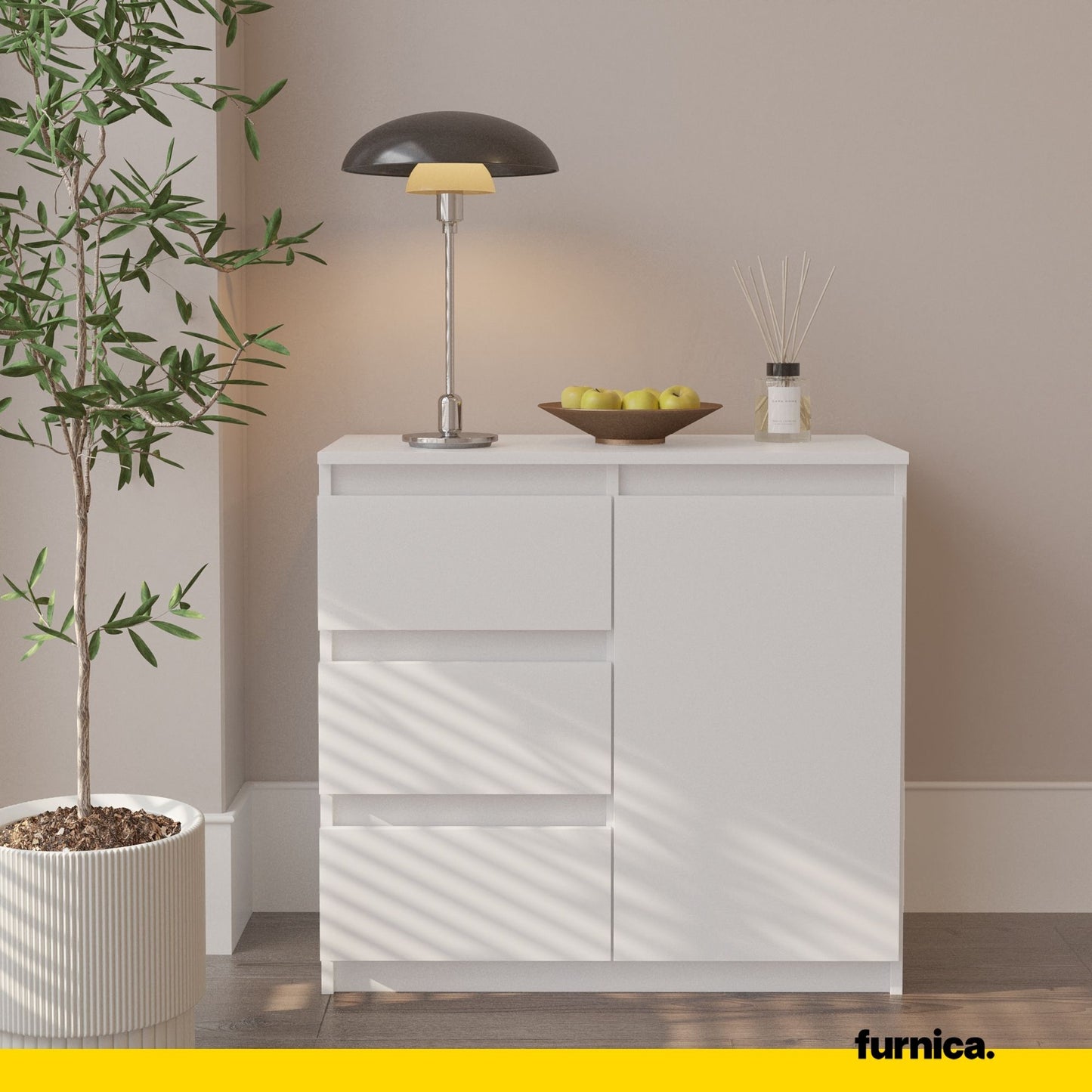 MIKEL - Commode 3 Tiroirs et 1 Porte - Armoire de Rangement pour Couloir/Chambre à Coucher - Buffet - H75cm L80cm P35cm (Blanc)