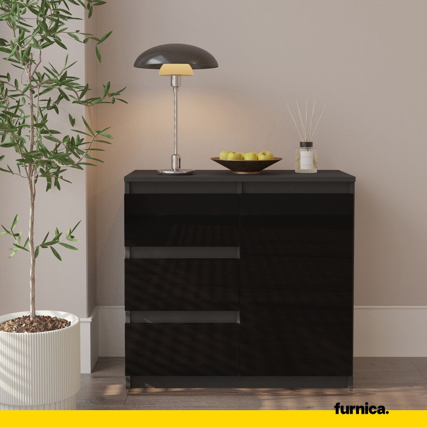 MIKEL - Commode 3 Tiroirs et 1 Porte - Armoire de Rangement pour Couloir/Chambre à Coucher - Buffet - H75cm L80cm P35cm (Anthracite/Noir Brillant)