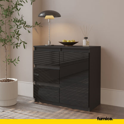 MIKEL - Commode 3 Tiroirs et 1 Porte - Armoire de Rangement pour Couloir/Chambre à Coucher - Buffet - H75cm L80cm P35cm (Anthracite/Noir Brillant)