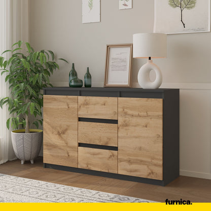 MIKEL - Commode 3 Tiroirs et 2 Portes - Armoire de Rangement pour Couloir/Chambre à Coucher - Buffet - H75cm L120cm P35cm (Anthracite/Chêne Wotan)