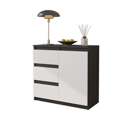 MIKEL - Commode 3 Tiroirs et 1 Porte - Armoire de Rangement pour Couloir/Chambre à Coucher - Buffet - H75cm L80cm P35cm (Anthracite/Blanc)