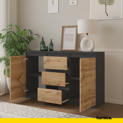 MIKEL - Commode 3 Tiroirs et 2 Portes - Armoire de Rangement pour Couloir/Chambre à Coucher - Buffet - H75cm L120cm P35cm (Anthracite/Chêne Wotan)