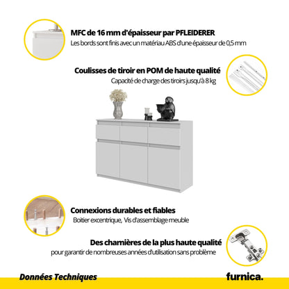 NOAH - Commode 3 Tiroirs et 3 Portes - Meuble de Rangement pour Couloir / Chambre - Buffet - H75cm L120cm P35cm (Chêne Wotan / Blanc Brillant)