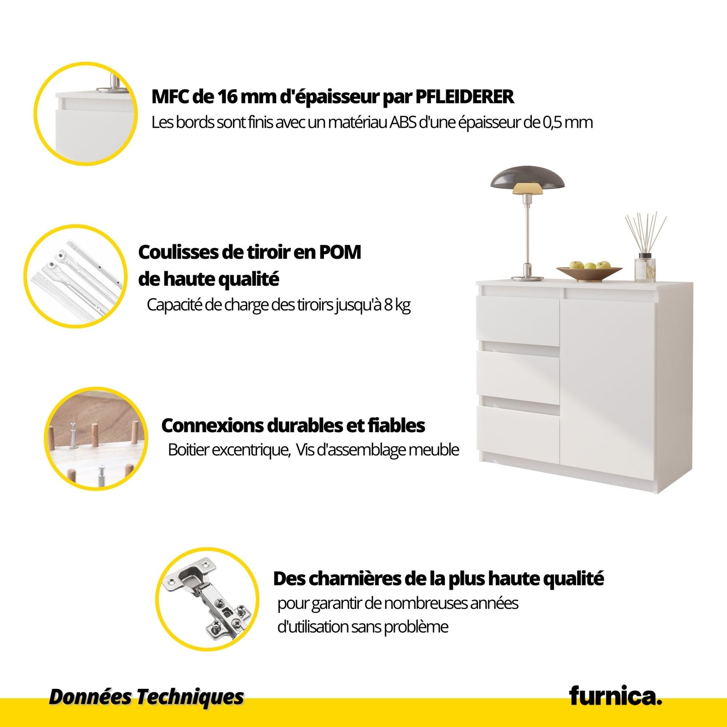 MIKEL - Commode 3 Tiroirs et 1 Porte - Armoire de Rangement pour Couloir / Chambre à Coucher - Buffet - H75cm L80cm P35cm (Chêne Wotan / Blanc Brillant)