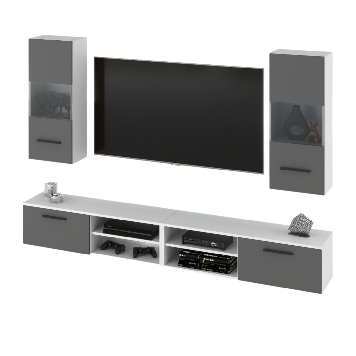 MIRANDA - Meuble TV Suspendu - 4 Armoires - Blanc Matt / Gris Anthracite