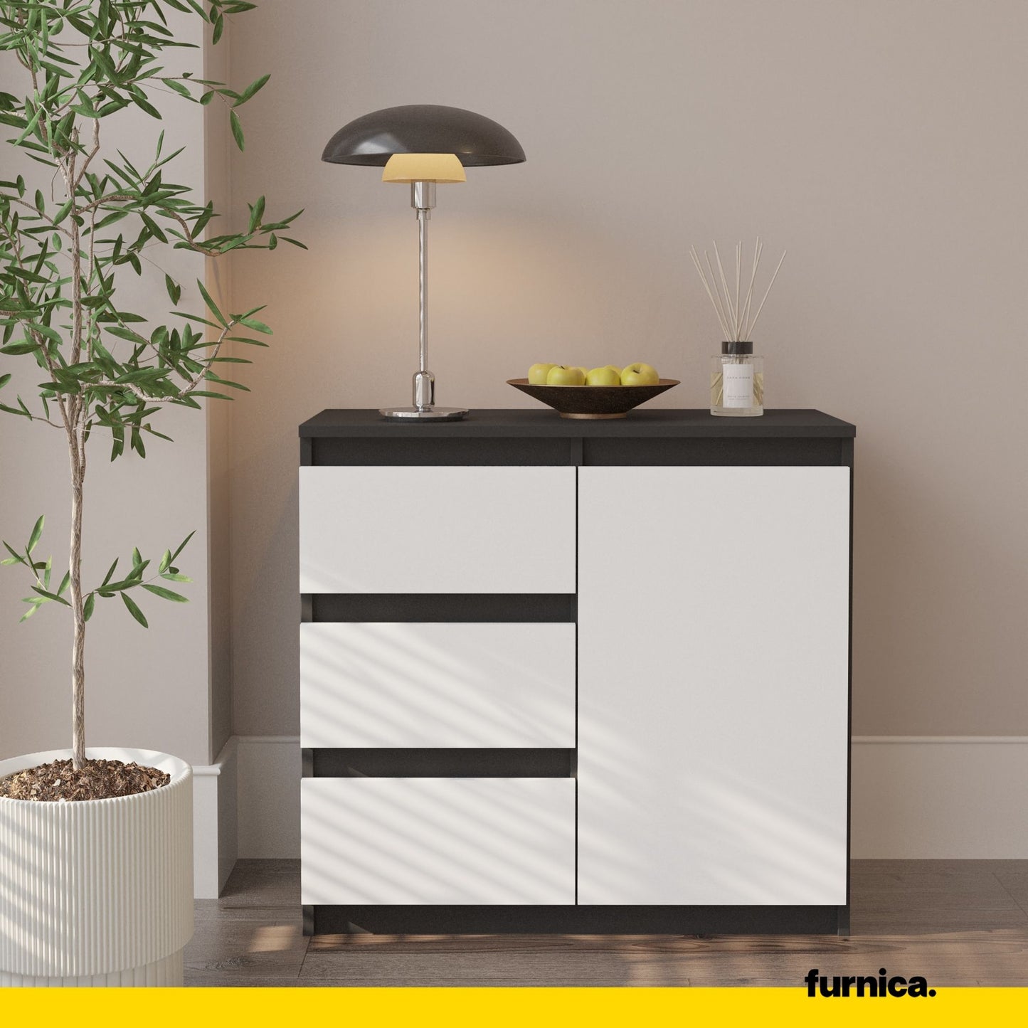 MIKEL - Commode 3 Tiroirs et 1 Porte - Armoire de Rangement pour Couloir/Chambre à Coucher - Buffet - H75cm L80cm P35cm (Anthracite/Blanc)