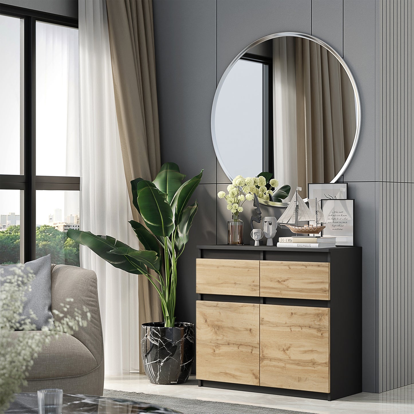 NOAH - Commode 2 Tiroirs et 2 Portes - Meuble de Rangement pour Couloir/Chambre - Buffet - H75cm L80cm P35cm (Anthracite/Chêne Wotan)