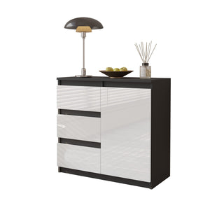 MIKEL - Commode 3 Tiroirs et 1 Porte - Armoire de Rangement pour Couloir/Chambre à Coucher - Buffet - H75cm L80cm P35cm (Anthracite/Blanc Brillant)