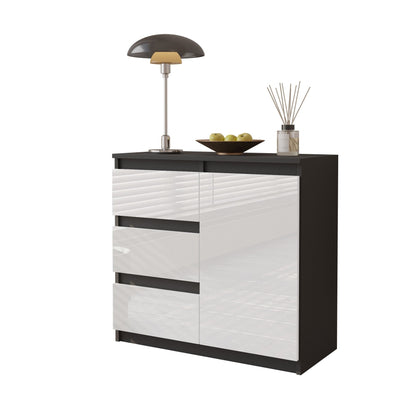 MIKEL - Commode 3 Tiroirs et 1 Porte - Armoire de Rangement pour Couloir/Chambre à Coucher - Buffet - H75cm L80cm P35cm (Anthracite/Blanc Brillant)