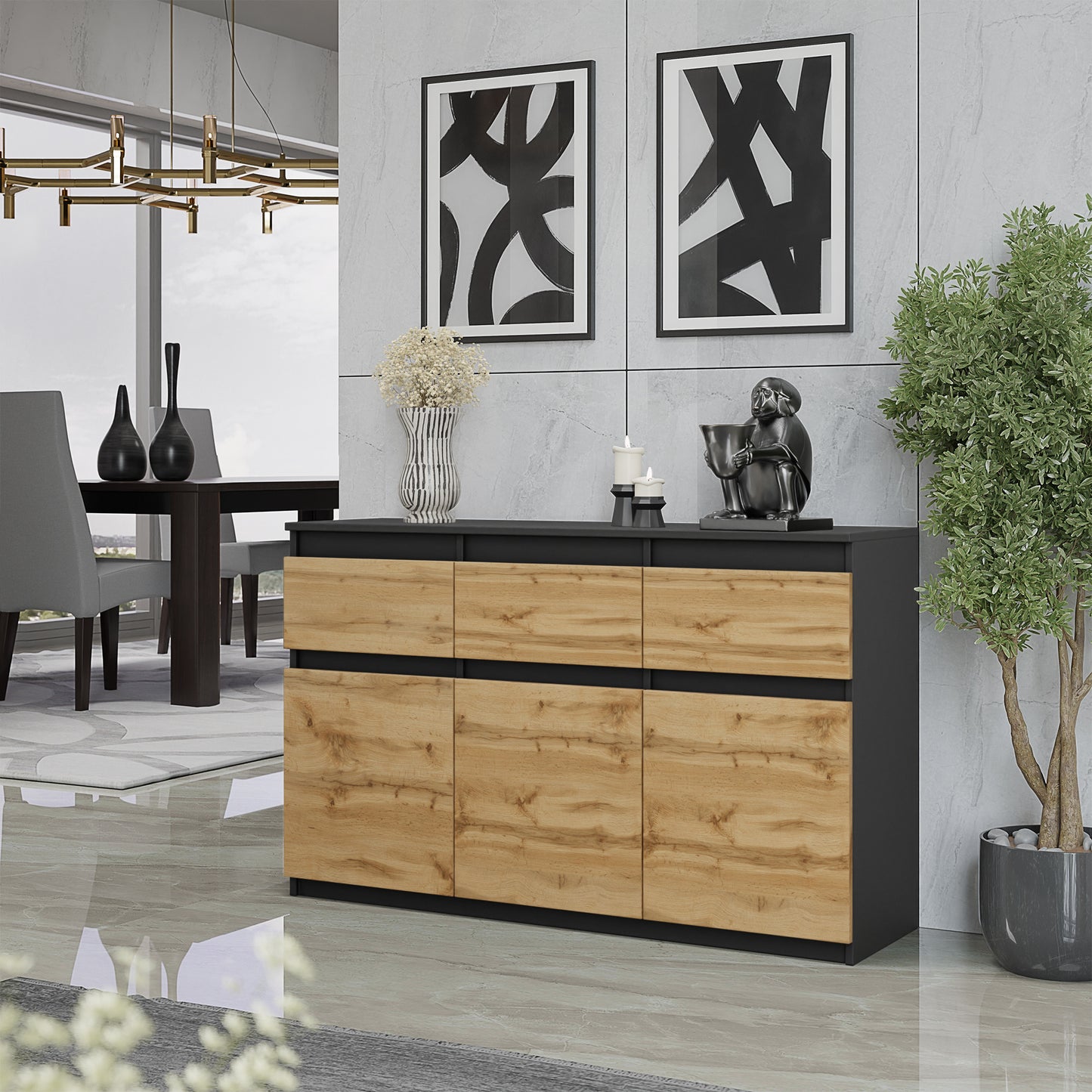 NOAH - Commode 3 Tiroirs et 3 Portes - Meuble de Rangement pour Couloir/Chambre - Buffet - H75cm L120cm P35cm (Anthracite/Chêne Wotan)