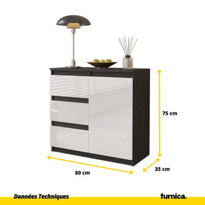 MIKEL - Commode 3 Tiroirs et 1 Porte - Armoire de Rangement pour Couloir/Chambre à Coucher - Buffet - H75cm L80cm P35cm (Anthracite/Blanc Brillant)