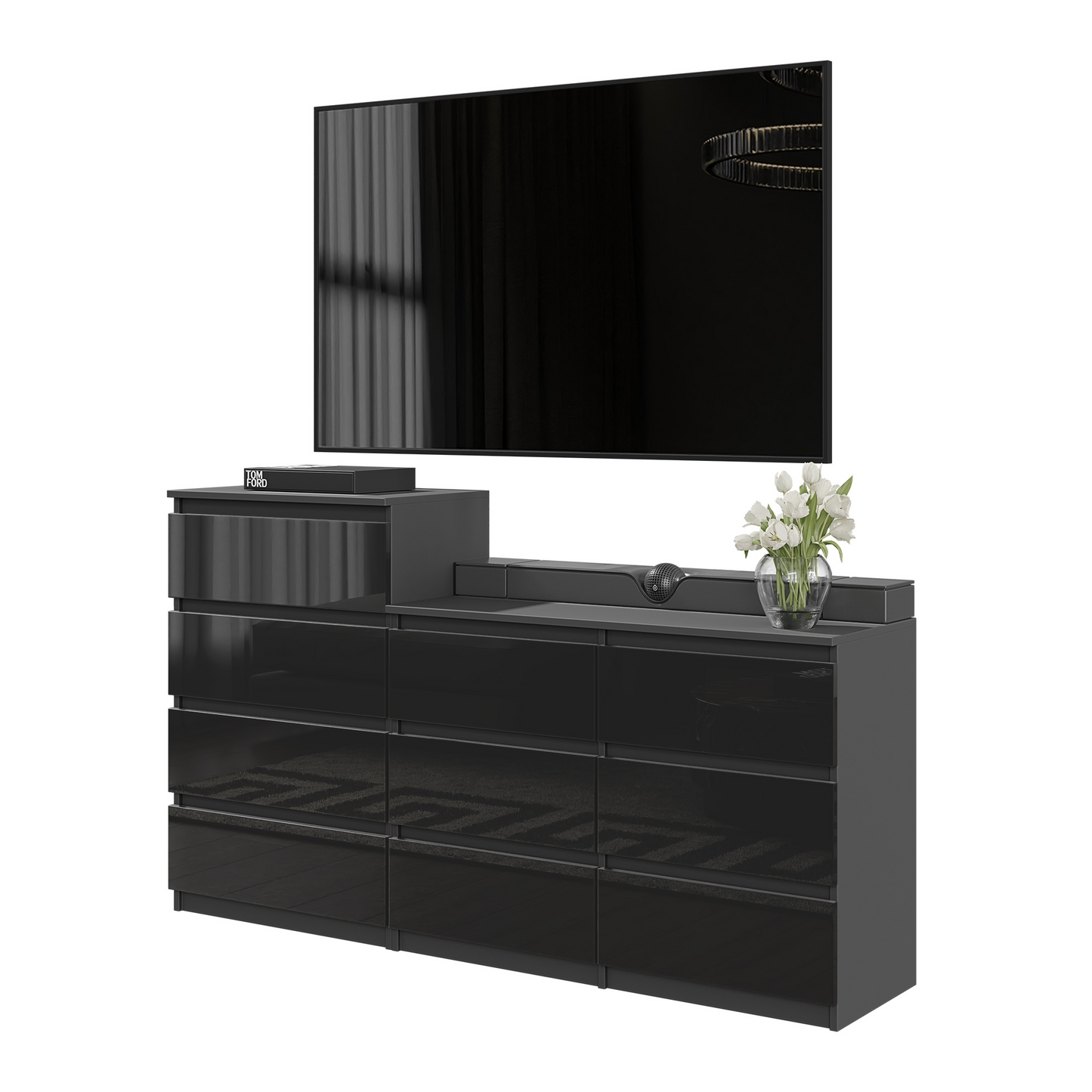 GABRIEL - Commode 10 Tiroirs (6+4) - H92/70 cm L160 cm P33 cm (Anthracite / Noir Brillant)