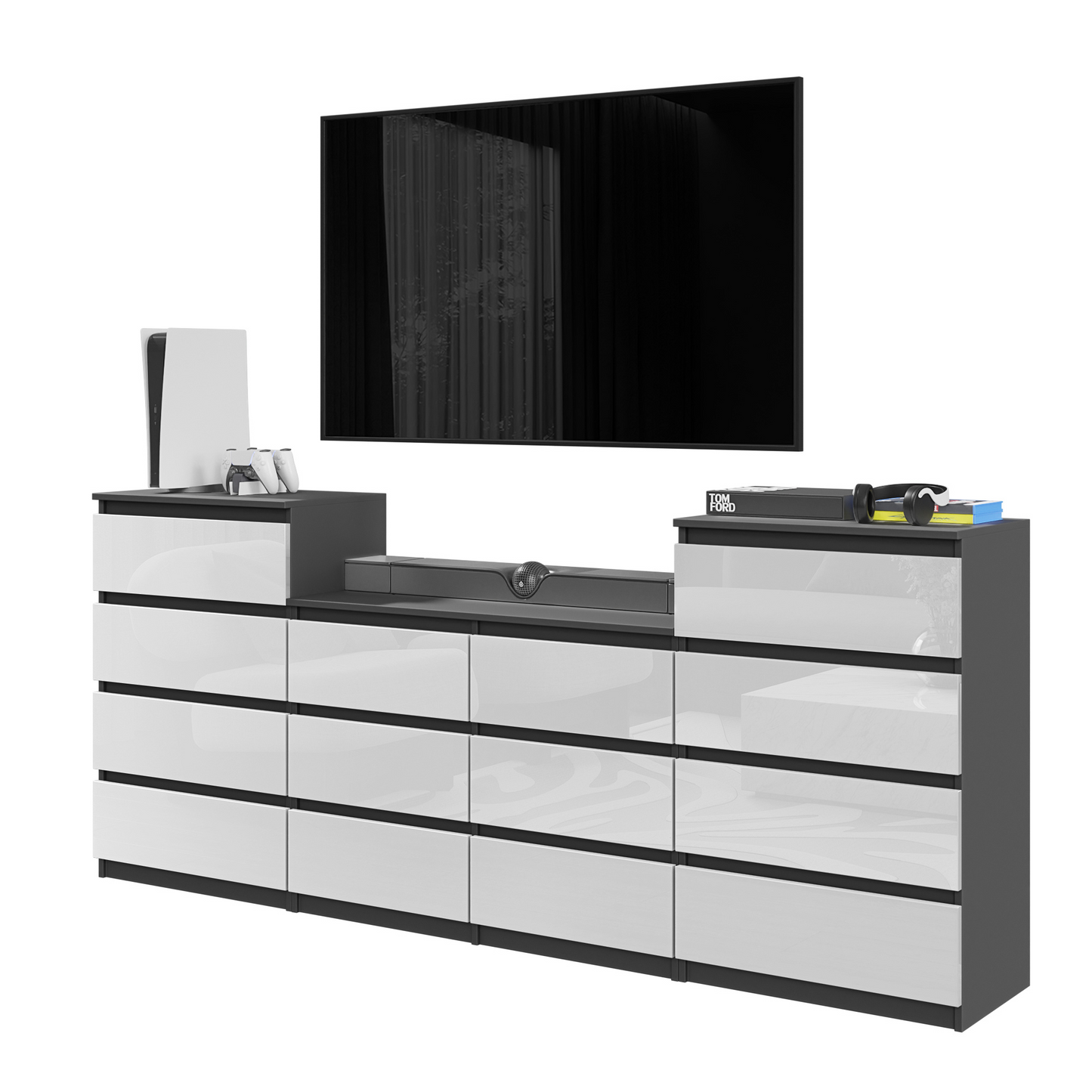 GABRIEL - Commode 14 Tiroirs (4+6+4) - H92cm L220cm P33cm (Anthracite / Blanc Brillant)