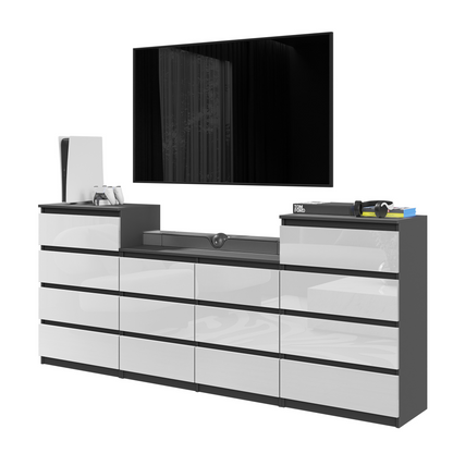 GABRIEL - Commode 14 Tiroirs (4+6+4) - H92cm L220cm P33cm (Anthracite / Blanc Brillant)