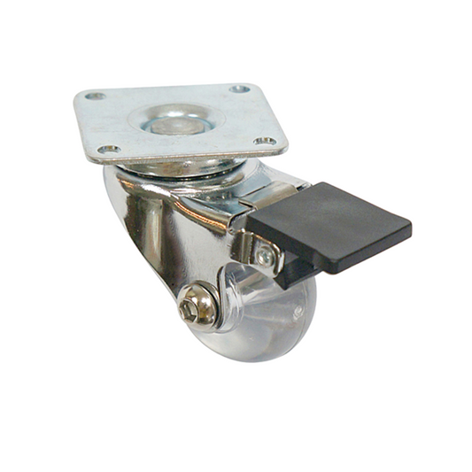 Roulette de meuble avec platine et frein - transparent - Chrome - Ø3,5 cm
