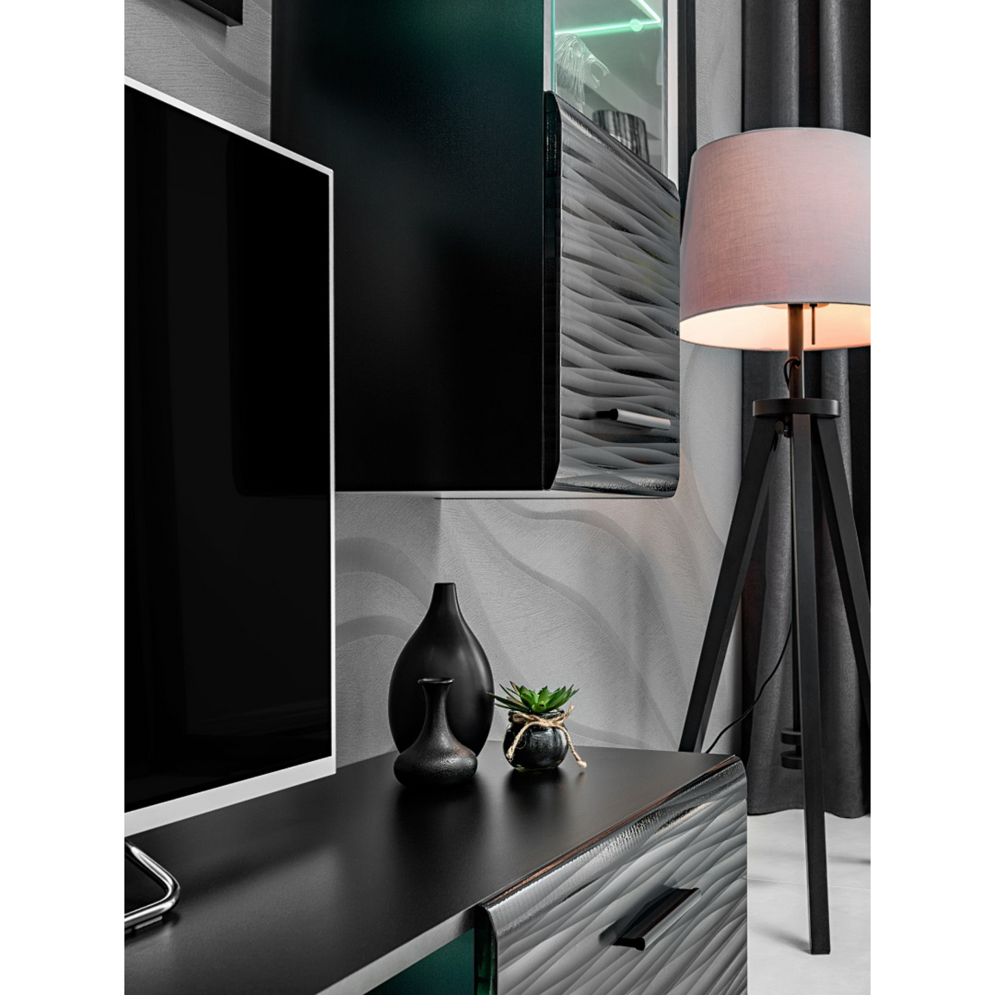 Unité Murale TV BLADE MINI - Ensemble de Meubles TV / Ensemble de Meubles de Salon - Noir Matt / Sahara 3D