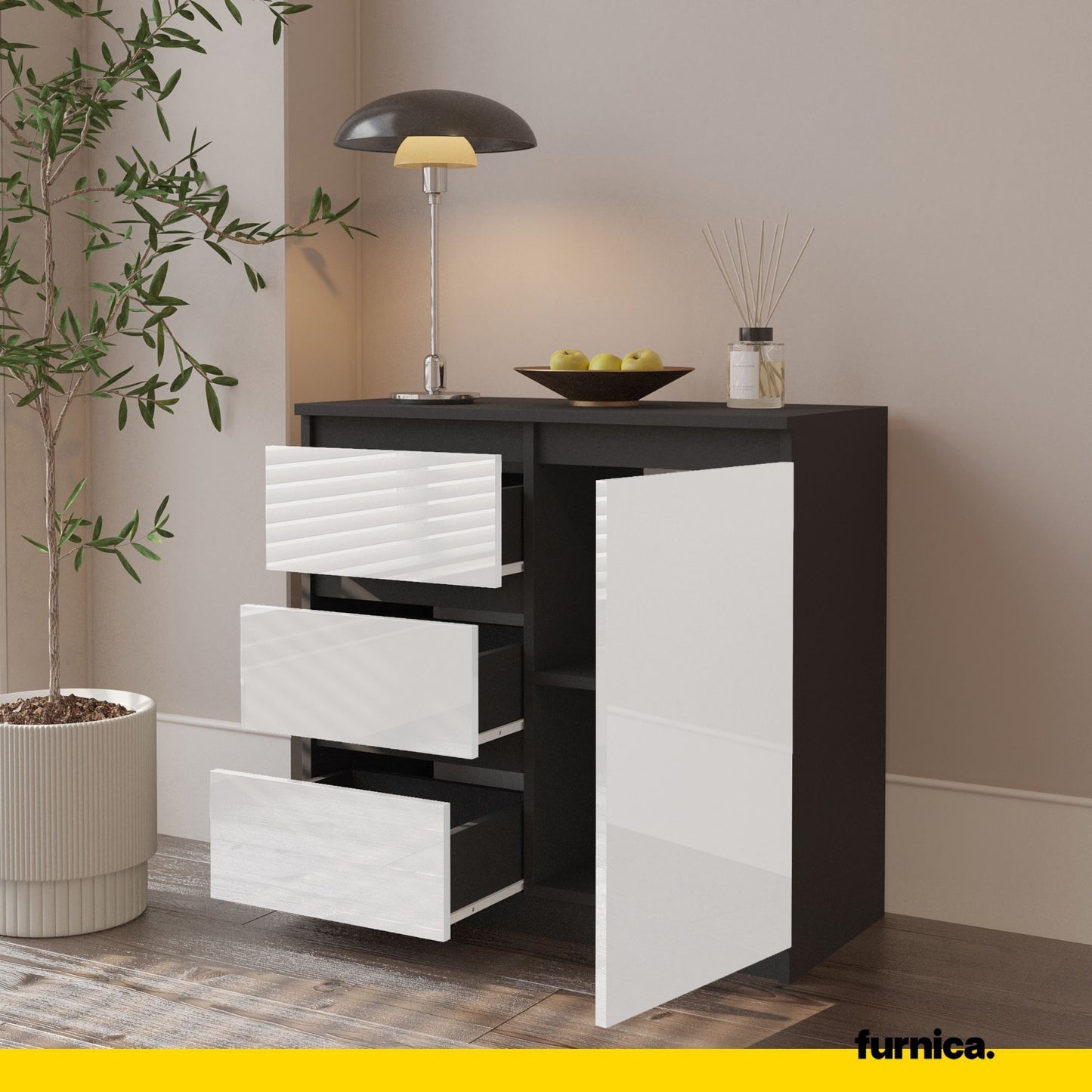 MIKEL - Commode 3 Tiroirs et 1 Porte - Armoire de Rangement pour Couloir/Chambre à Coucher - Buffet - H75cm L80cm P35cm (Anthracite/Blanc Brillant)