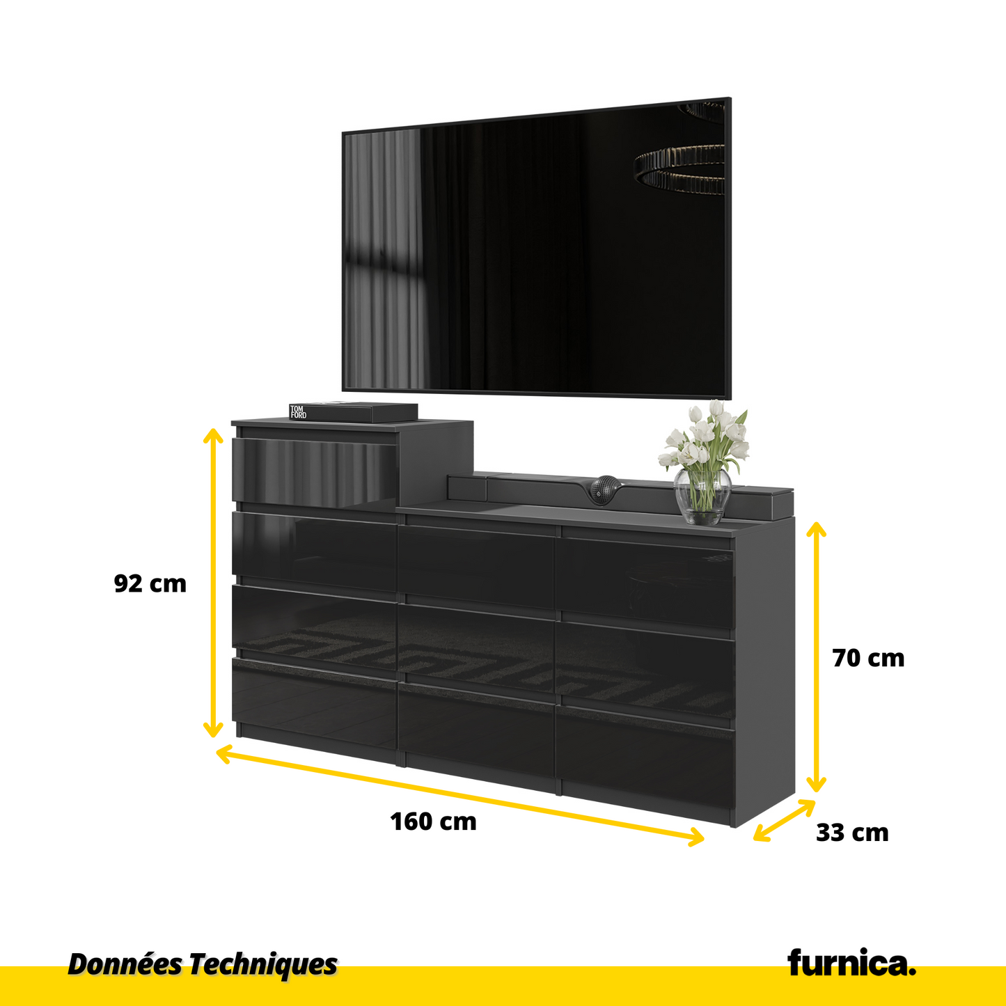 GABRIEL - Commode 10 Tiroirs (6+4) - H92/70 cm L160 cm P33 cm (Anthracite / Noir Brillant)