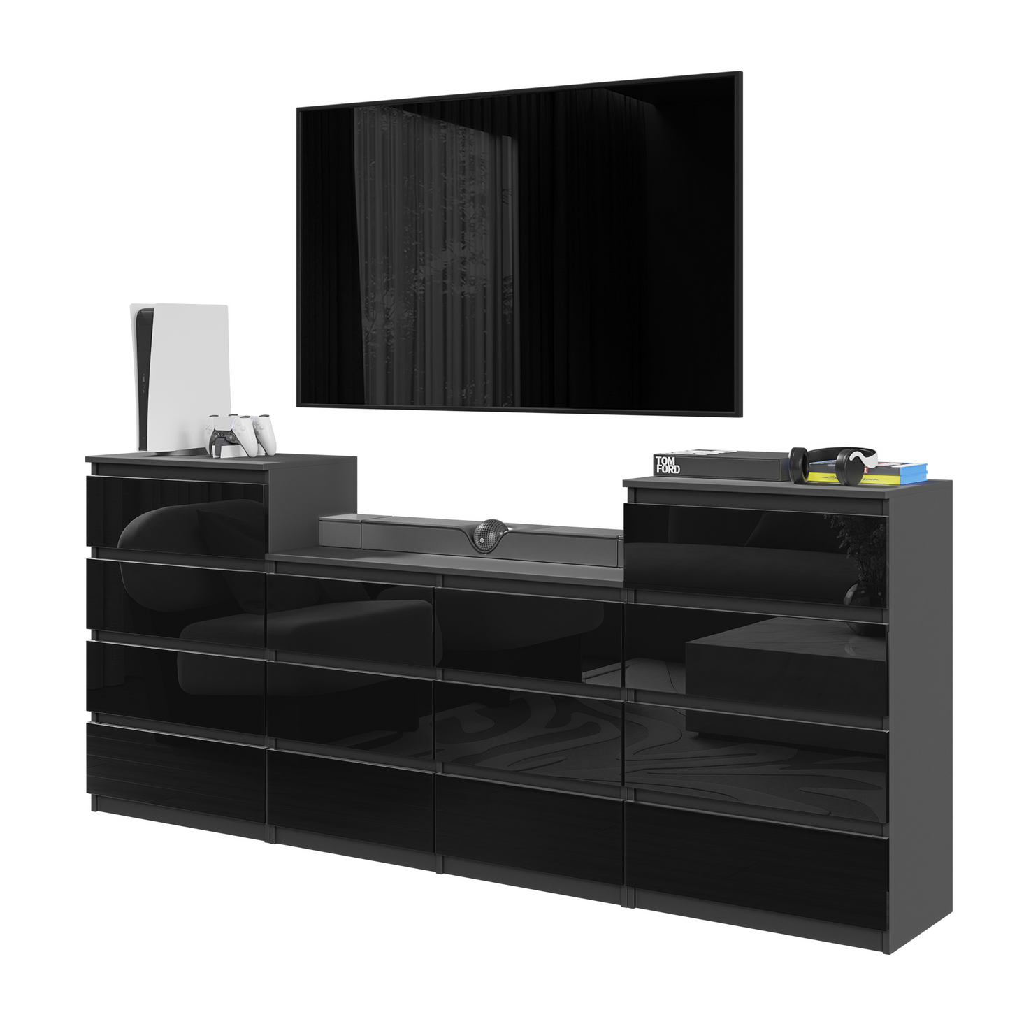 GABRIEL - Commode 14 Tiroirs (4+6+4) - H92cm L220cm P33cm (Anthracite / Noir Brillant)