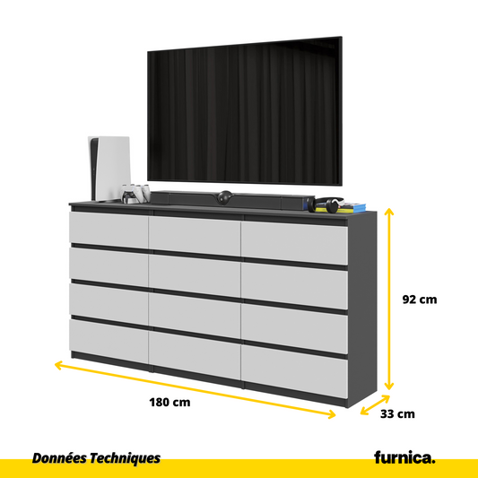 GABRIEL - Commode 12 Tiroirs (8+4) - H92cm L180cm P33cm (Anthracite / Blanc Matt)