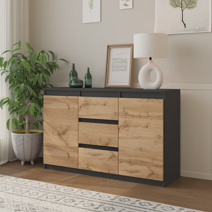 MIKEL - Commode 3 Tiroirs et 2 Portes - Armoire de Rangement pour Couloir/Chambre à Coucher - Buffet - H75cm L120cm P35cm (Anthracite/Chêne Wotan)